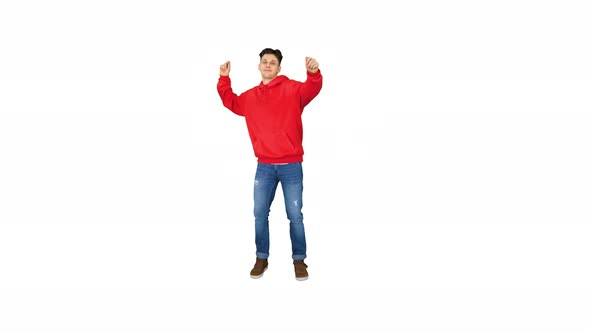 Hip-Hop Style Man in Red Hoody Dancing on White Background. alt
