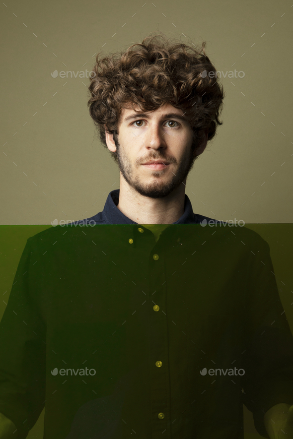 Curly haired man Pinterest banner - Stock Photo - Images
