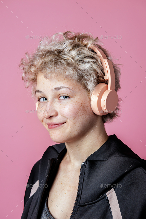 Girl with headphones Pinterest banner - Stock Photo - Images
