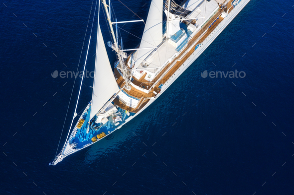 Croatia. Aerial view at the cruise ship with sail at the day time. Adventure and travel.