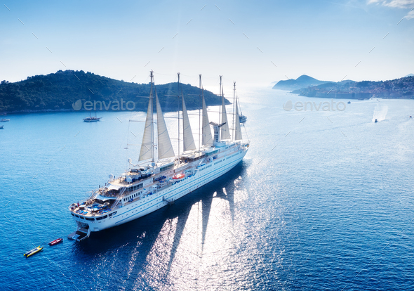 Croatia. Aerial view at the cruise ship with sail at the day time. Adventure and travel.