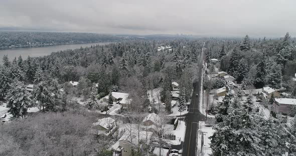 Bellevue Newcastle Mercer Island Lake Washington Aerial Above Winter Snow Covered Landscape alt