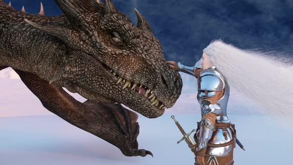 White Haired Female Warrior Knight Petting the Dragon Against