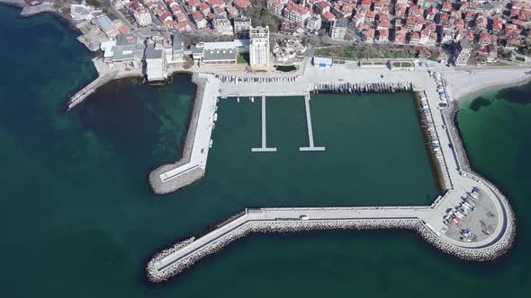 View From a Height on the Pier of the City the Islands of Pomorie with Many Boats and Boats in the alt