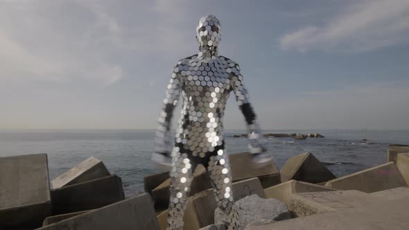 Sparkling Discosuit Man Dancing Next to the Sea alt