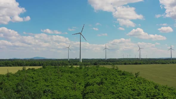 Aerial Crane Shoot of Wind Power Turbines Farm Neer Vienna in Austria