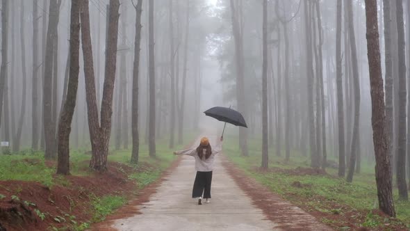 Slow motion of a happy woman with umbrella walking in the woods on foggy day