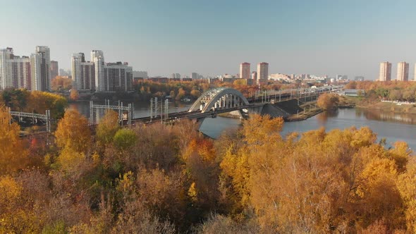 Railway Bridge Across River in Khimki City Russia