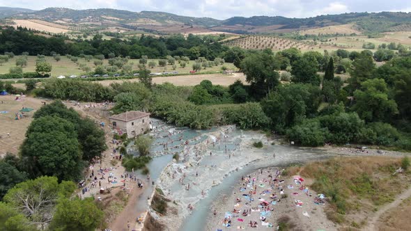 Drone at Cascate del Mulino hot springs near Saturnia in Tuscany, Italy, Europe alt