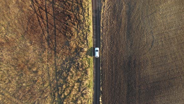 Aerial view of a white car driving through orange autumn countryside at sunse