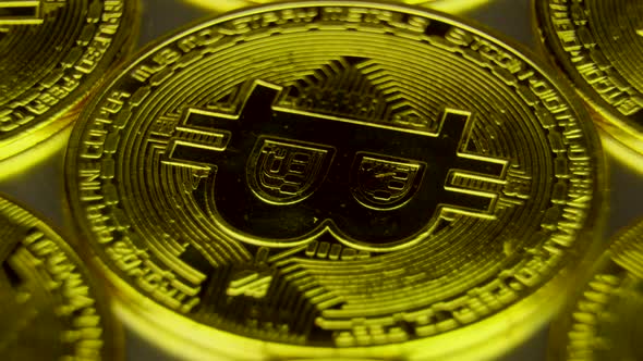 Golden Bitcoin Spinning, Macro Shot