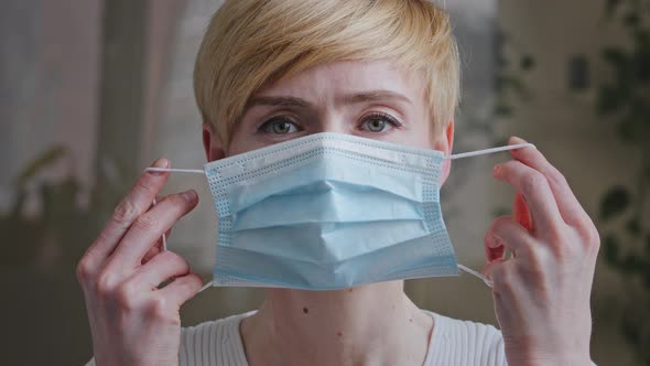 Closeup Female Masked Face Portrait Caucasian Mature 40s Woman Sick Lady with Short Hair Puts on alt