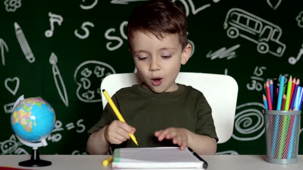 Cute child boy doing homework. Clever kid drawing at desk. Schoolboy alt