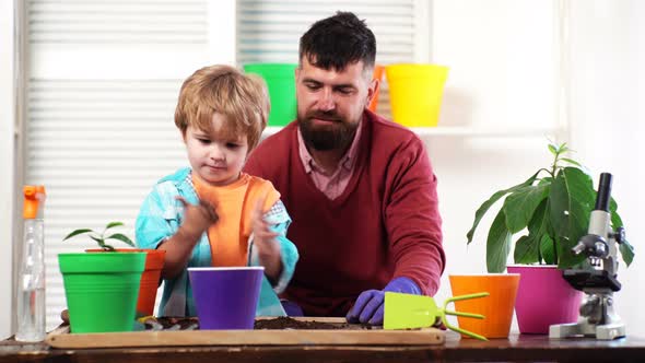 Man Family Planting, Father and Son Plantig Plant in Pots. Education and Play in Kindergarten. alt