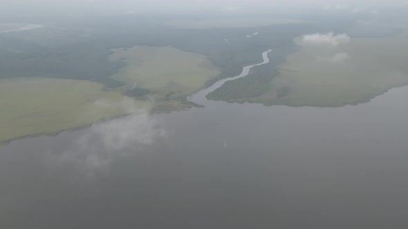 Aerial view of Lake Paliastomi at sunset. Kolkheti National Park, Georgia alt