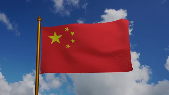 Flag of China waving with flagpole and blue sky timelapse alt