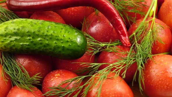 Red ripe tomatoes, chili pepper, dill and fresh green cucumber are laid out on a wooden board
