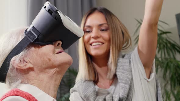 Senior Woman Experiencing Augmented Reality in VR Glasses