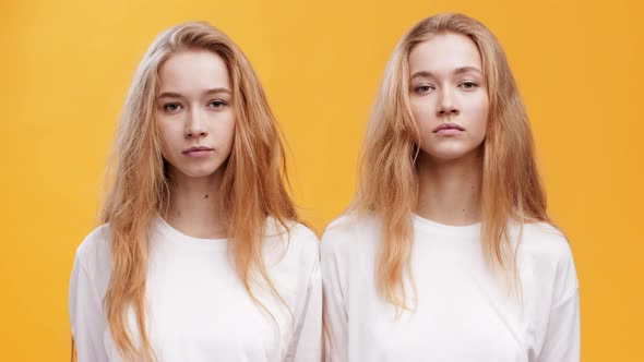 Portrait of Two Serious Twin Sisters Looking at Camera Posing Over Orange Background alt