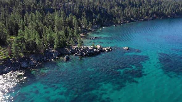 Turquoise Water And Green Forest At Lake Tahoe, United States of America - aerial drone shot alt