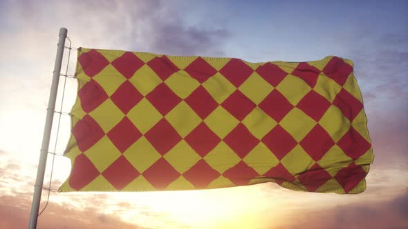 Angoumois flag, France, waving in the wind, sky and sun background ...