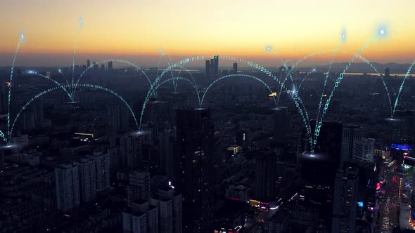 smart Connected city skyline. Futuristic network concept, city Technology. alt
