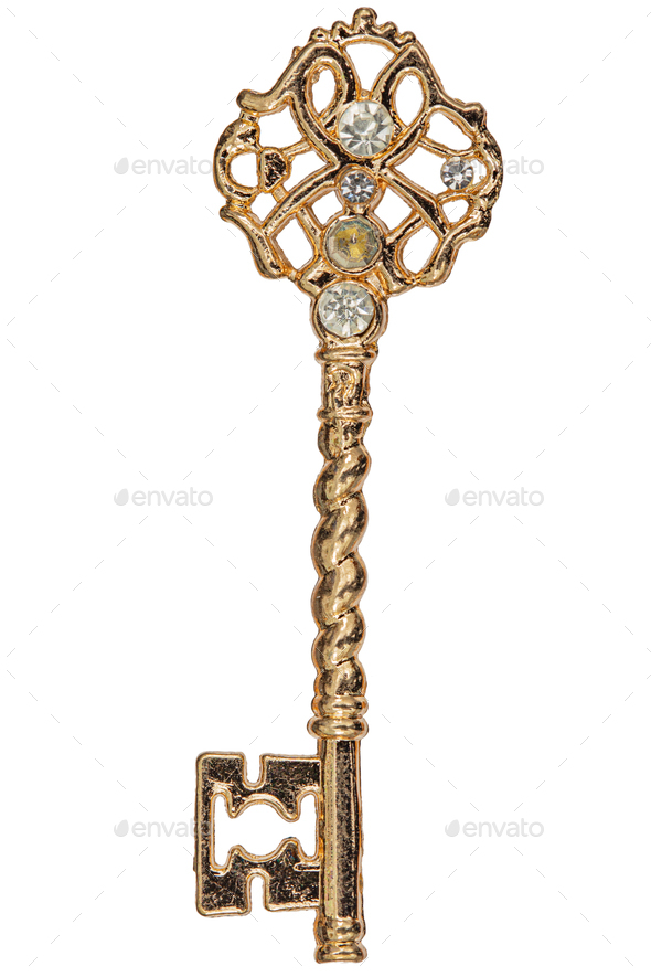 Bronze key, decorative element for design, isolated on white background