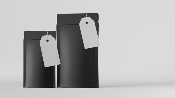 Black pouch bag branding template price tag mockup white background 3D animation Merchandise package alt