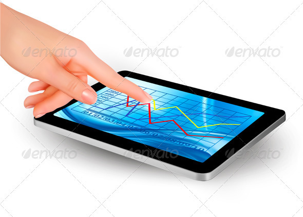 Tablet screen with graph and a hand Vector - Computers Technology
