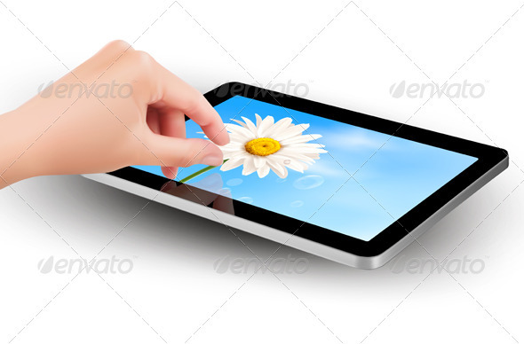 Fingers pinching to zoom tablet s screen Vector - Computers Technology