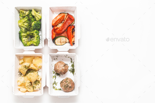 Daily food ration in containers. Delivery from restaurant, set of healthy food and balanced diet - Stock Photo - Images