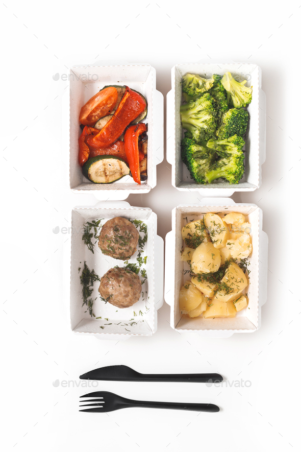 Daily food ration in containers. Delivery from restaurant, set of healthy food and balanced diet