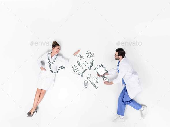creative collage of male and female doctors with various hand-drawn medical signs