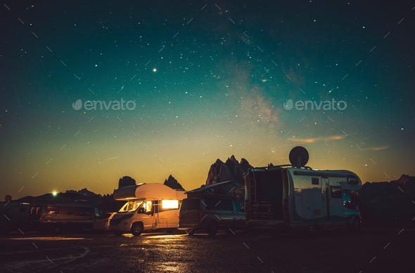 Mountain RV Park Motorhome Camping Under Starry Sky