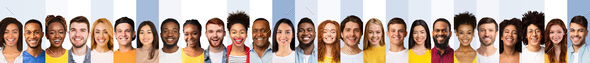 Collage Of Diverse People Headshots Over White And Blue Backgrounds