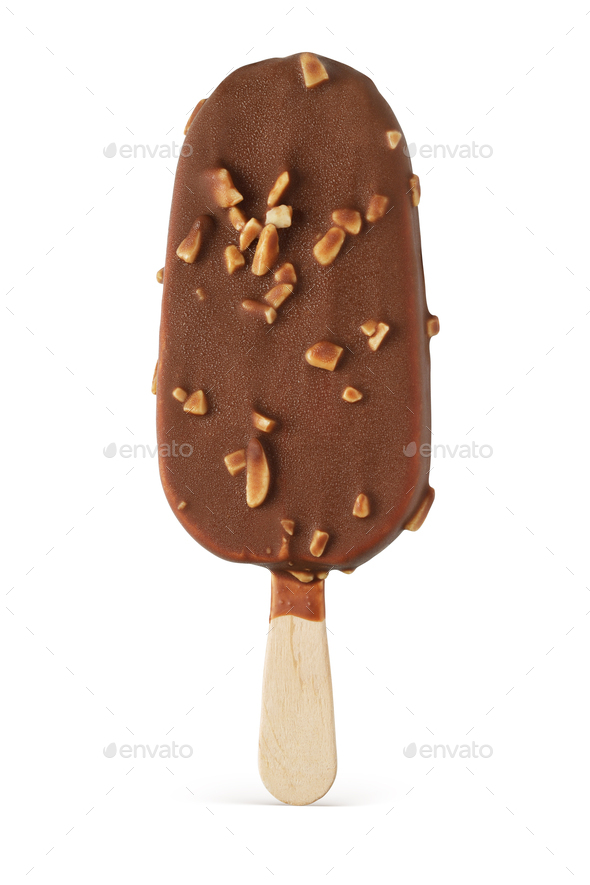Ice cream bar with chocolate coating and nuts isolated. Stock Photo by