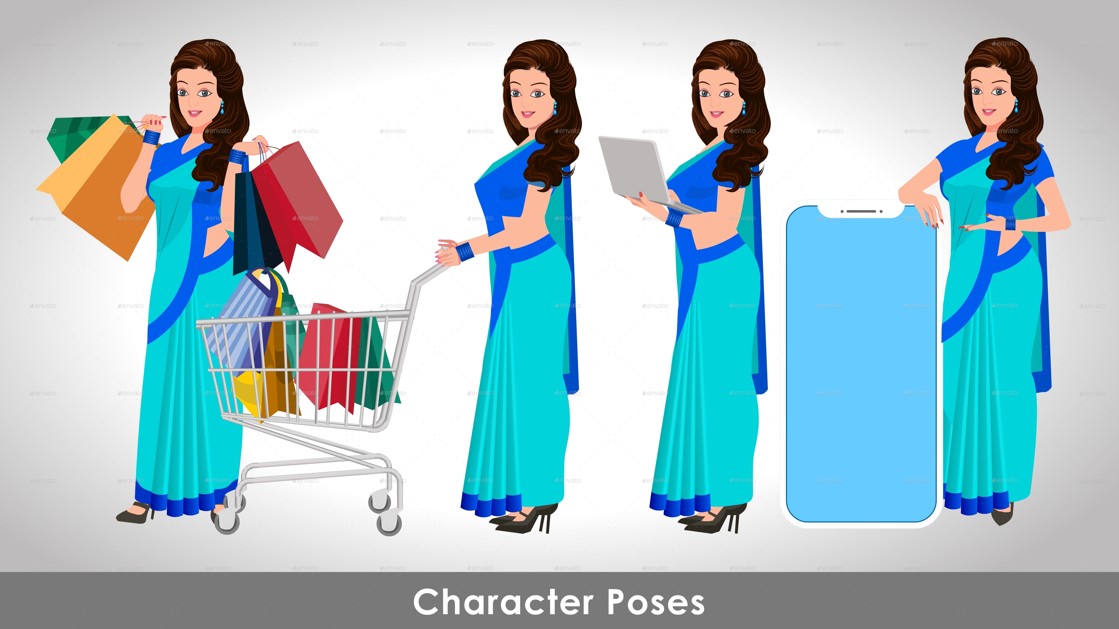 Indian Girl in Blue Saree Character Design Model Sheet, Vectors ...