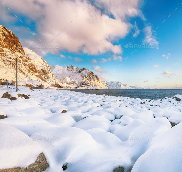 Amazing Winter View Near Hamnoy Village With Round Rocks And Snowy Mountain Peaks On Background Stock Photo By Pilat666