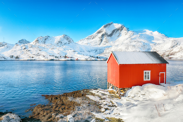 Captivating winter view of fishing village on Sundstraumen strait - Stock Photo - Images