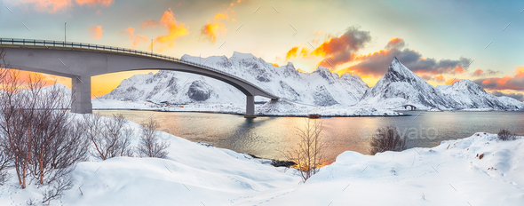 Captivating morning view of Fredvang cantilever bridges at sunrise.