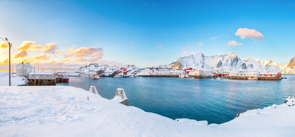 Astonishing winter view on Hamnoy village with port and snowy mountain peaks on background. - Stock Photo - Images