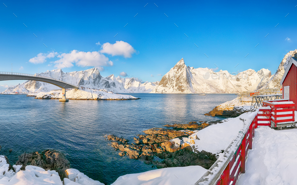 Fabulous winter view on Hamnoy village and bridge to Olenilsoya island. - Stock Photo - Images