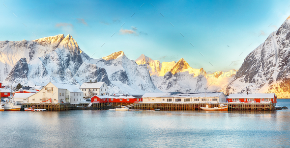 Astonishing winter view on Hamnoy village with port and snowy mountain peaks on background. - Stock Photo - Images