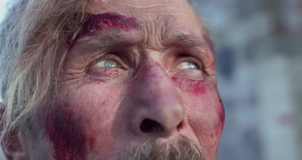 Old Wounded Cossack with Mustache Thinks and Looks at Camera with Sad Eyes alt