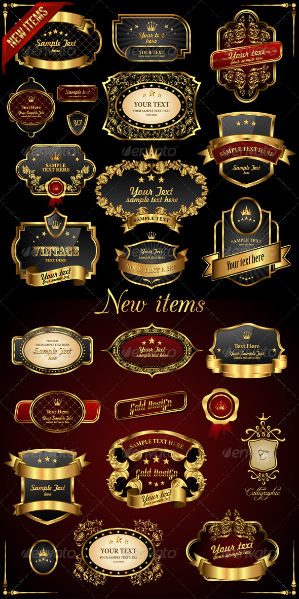 Retro Vector Gold Frames on Black Background - Web Elements Vectors