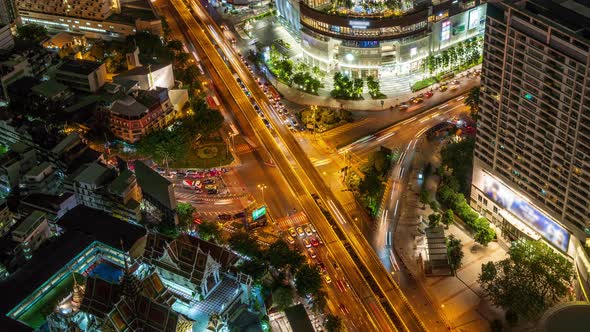 Bangkok business district city, during night, zoom in - Time Lapse