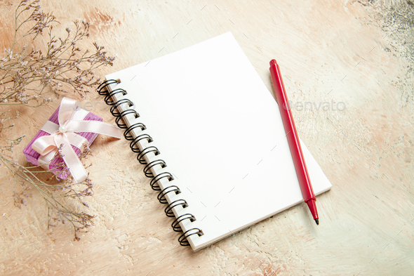 front view empty open notepad with red pencil on light-white background copybook new year photo