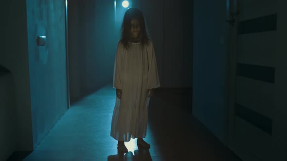 Ghost Girl In White Nightgown With Loose Hair In A Scary House, Stock ...