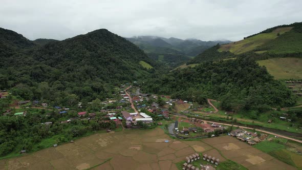 Aerial view of Sapan village, The city in valley, Nan, Thailand by drone