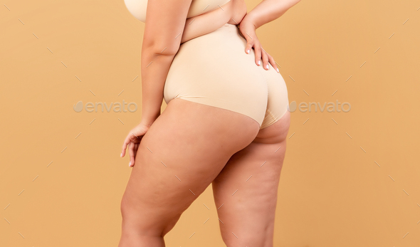 A woman with a plump curvaceous body, wearing underwear.Chubby